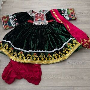 Traditional Afghan dress green and hot pink
